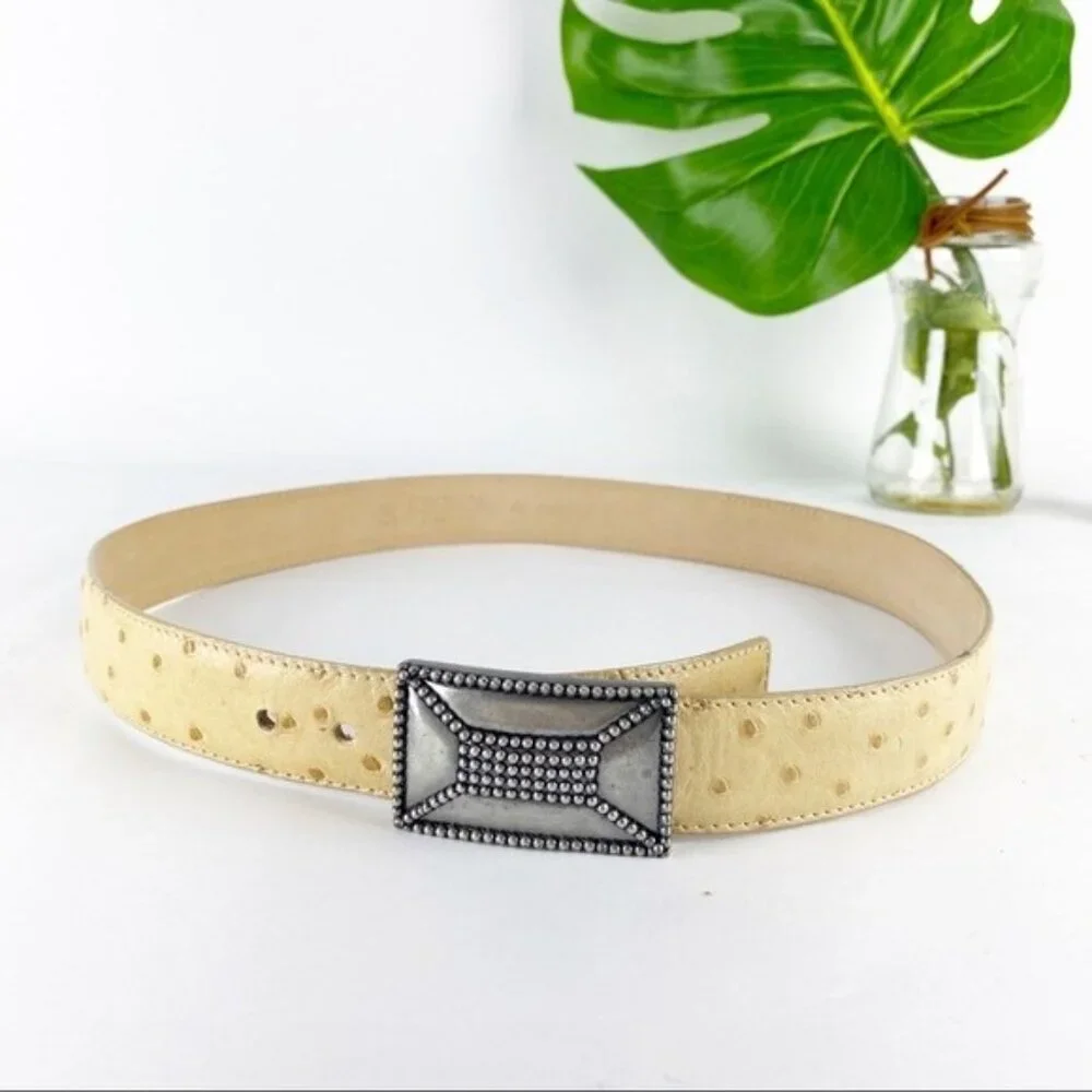 Escada‎ Womens Belt Size Small Tan Ostrich Full Quill Leather Rectangular Buckle
